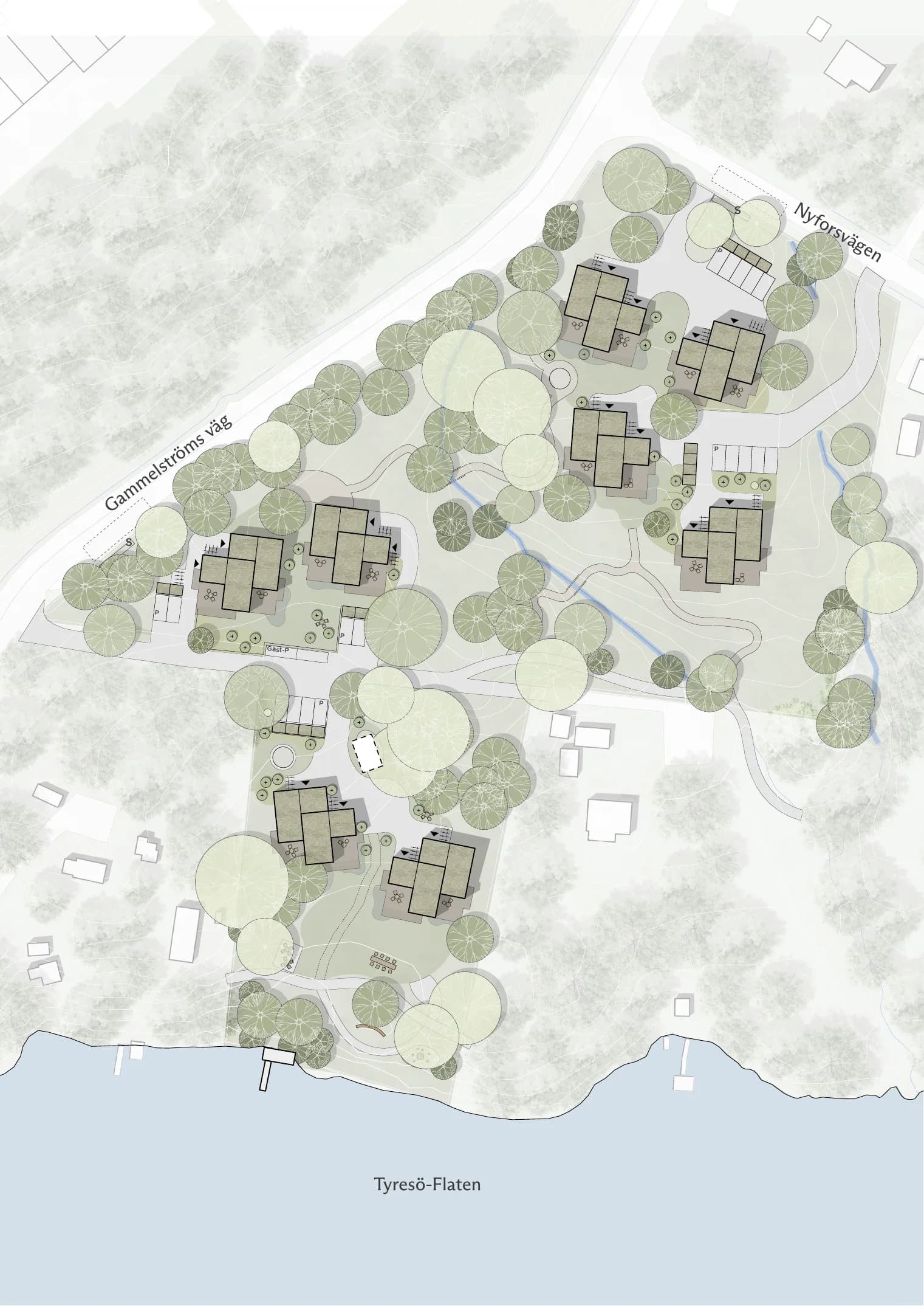 Situationsplan över Eklunden — 16 parhus vid Tyresö-Flaten i Nyfors, Tyresö
