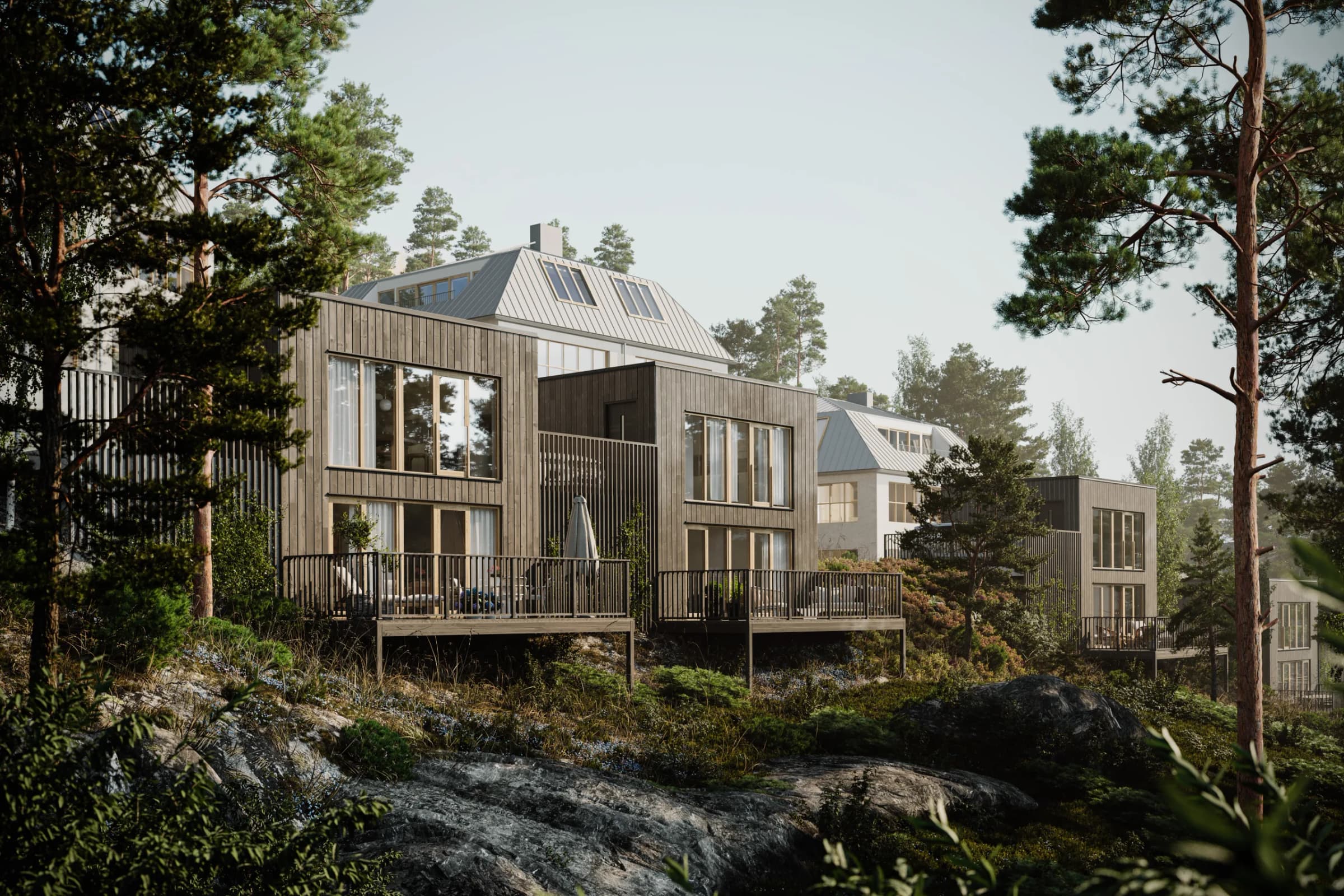 Näsbyviken minivillor — exteriör i kvällsljus