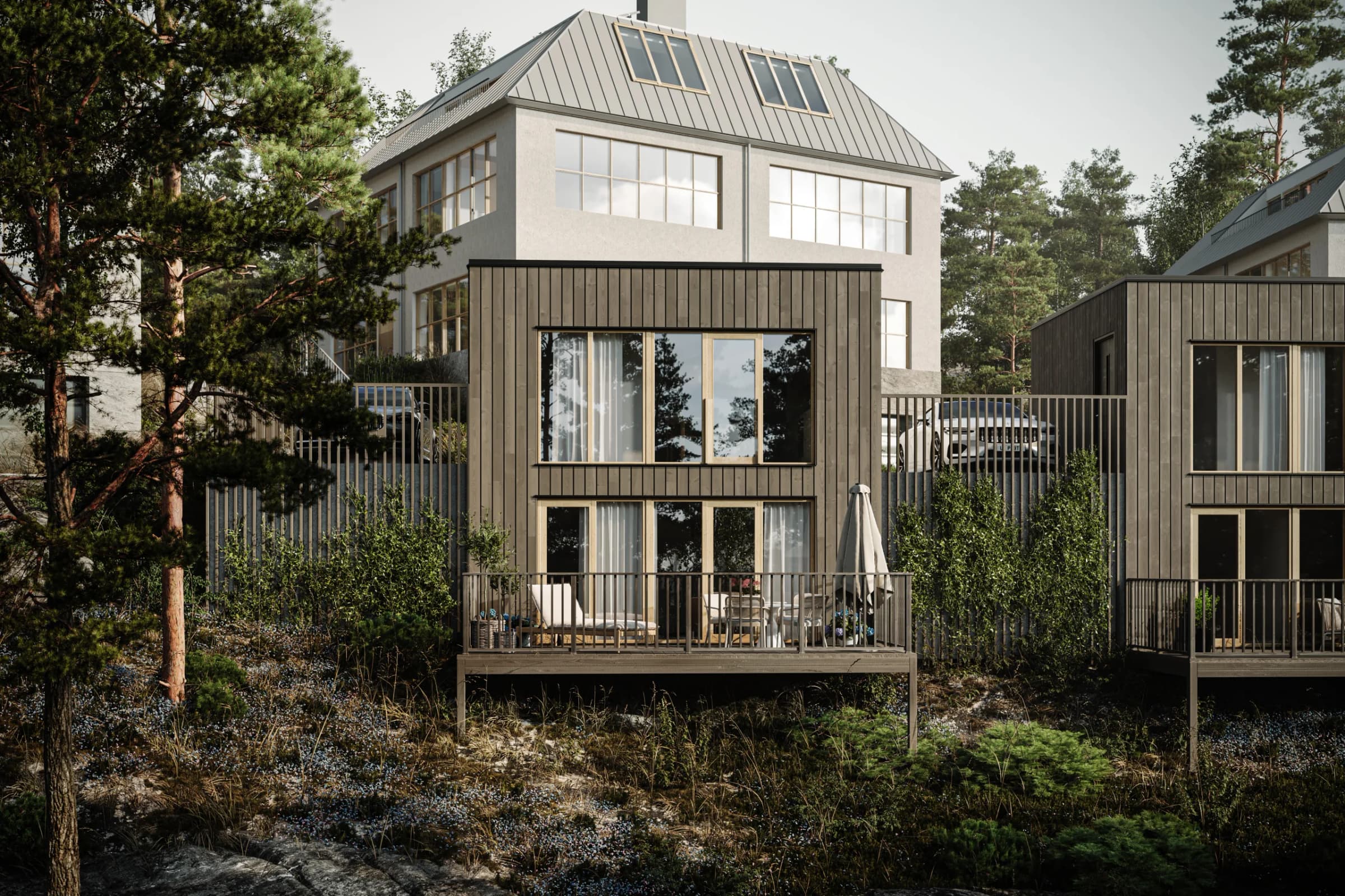 Näsbyviken minivillor — exteriör med uteplats mot naturen