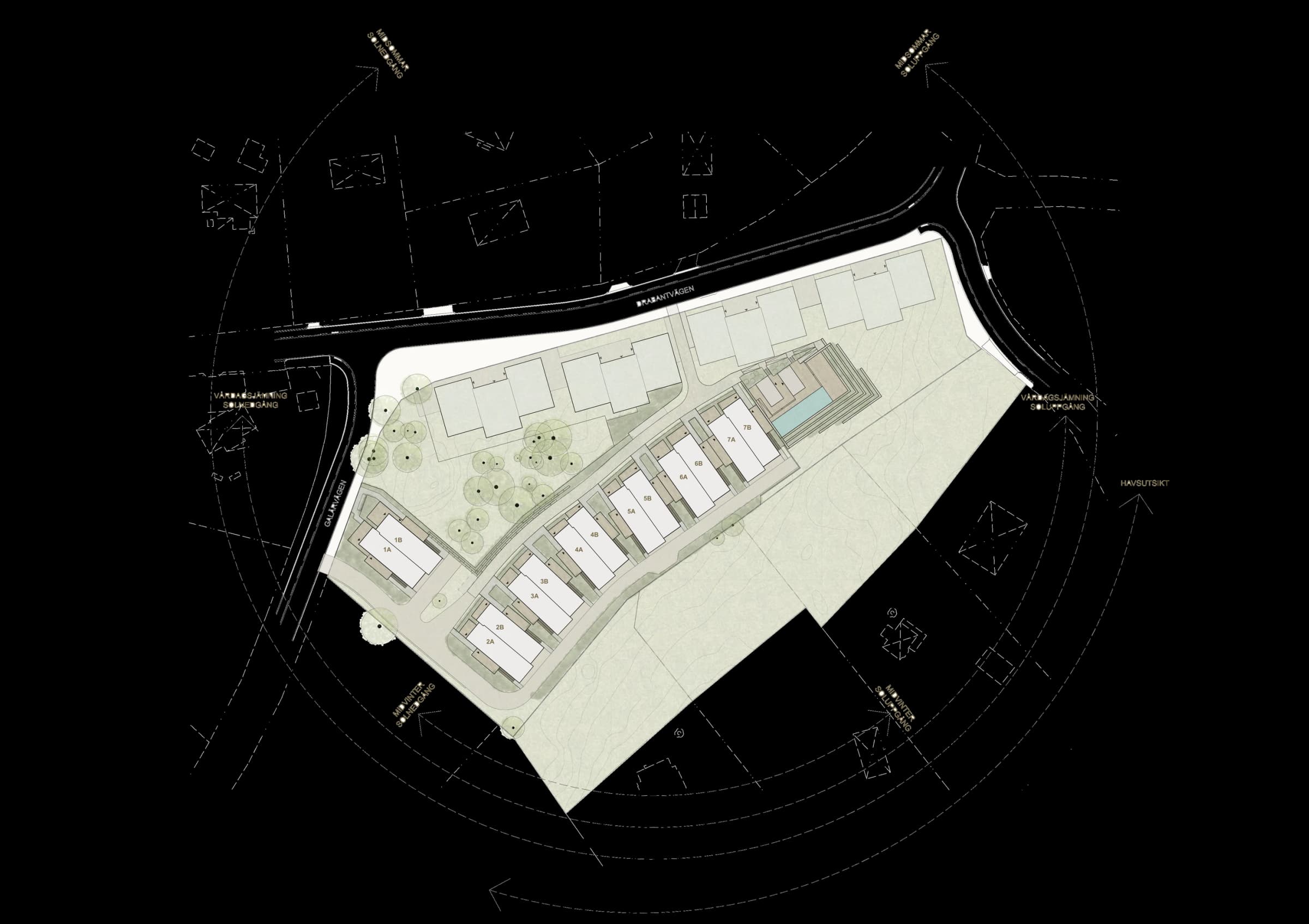 Situationsplan över Tallviken med husens placering, vägar och sollägen